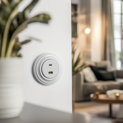 Kliklap - Presa USB retrò con porte USB-A e USB-C, cornice in ceramica bianca