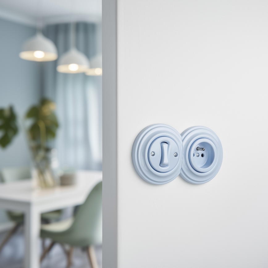 Kliklap - Retrò interruttore unipolare n. 1 e presa 230V con cornice blu