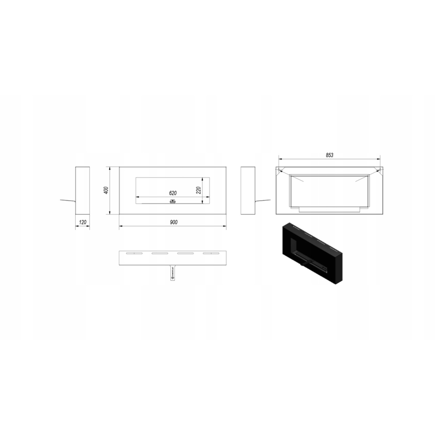 Kratki - Camino a bioetanolo da parete 40x90 cm 1,5 kW nero