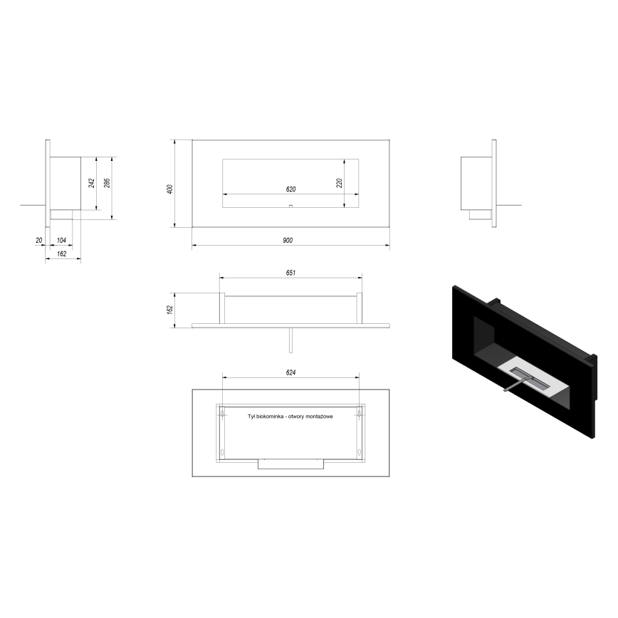 Kratki - Integrato Caminetto BIO 40x90 cm 2kW nero
