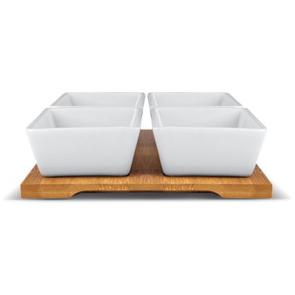 Lamart - Set 4 ciotole in porcellana 19x19 cm + vassoio in legno