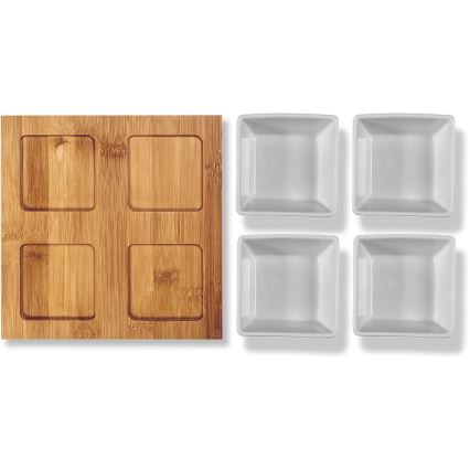 Lamart - Set 4 ciotole in porcellana 19x19 cm + vassoio in legno