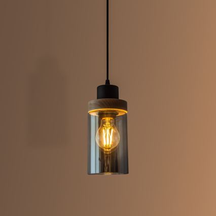 Lampada a sospensione con cavo WOODNEST 1xE27/15W/230V pino/nero fumé