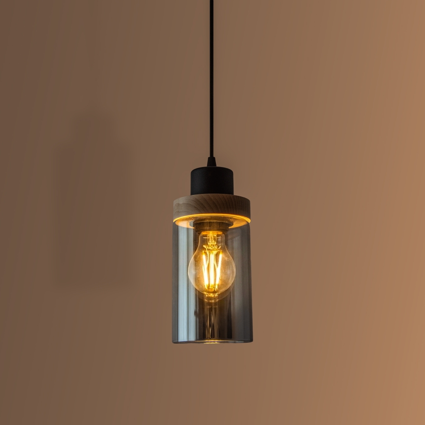Lampada a sospensione con cavo WOODNEST 1xE27/15W/230V pino/nero fumé