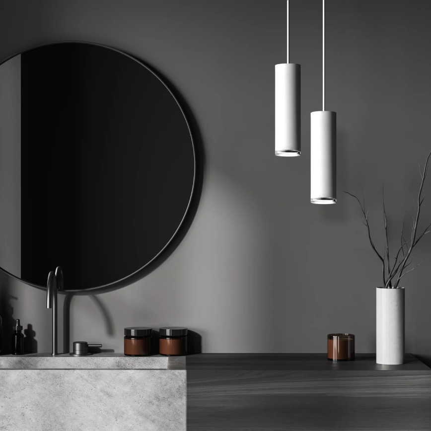 Lampada a sospensione per bagno LED RGBW dimmerabile su cavo TURYN 1xGU10/4,8W/230V 3000K IP44 bianco + telecomando