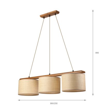 Lampada a sospensione su cavo AIDA 3xE27/15W/230V Ø 25 cm rovere/rafia