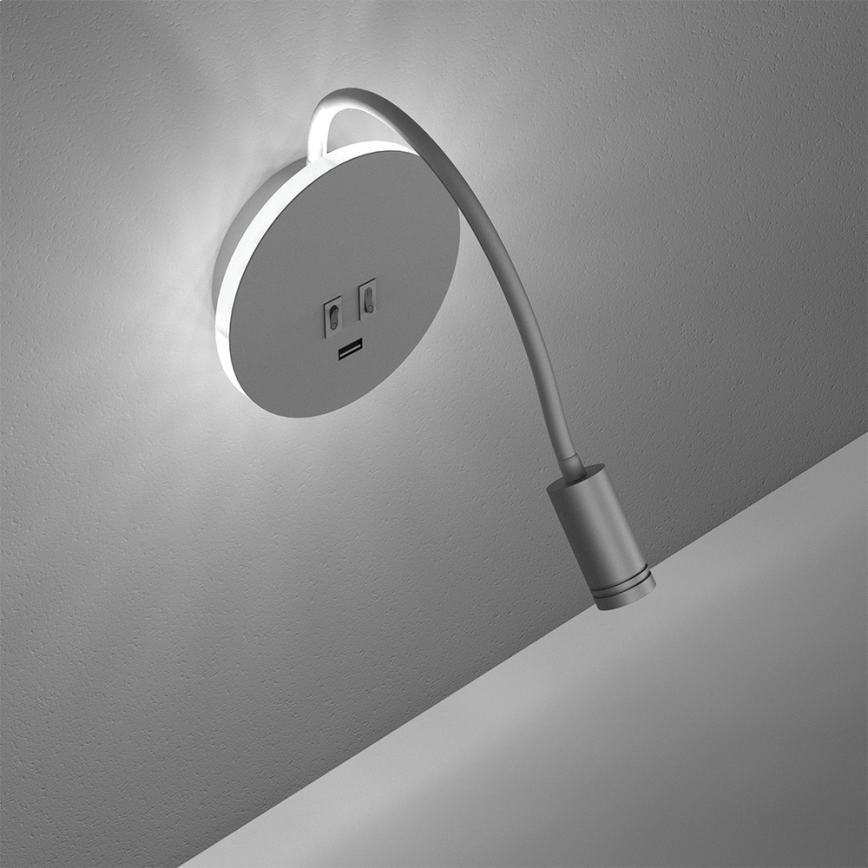 Lampada da parete flessibile con USB BASE LED/8W+LED/2W/230V bianco/argento