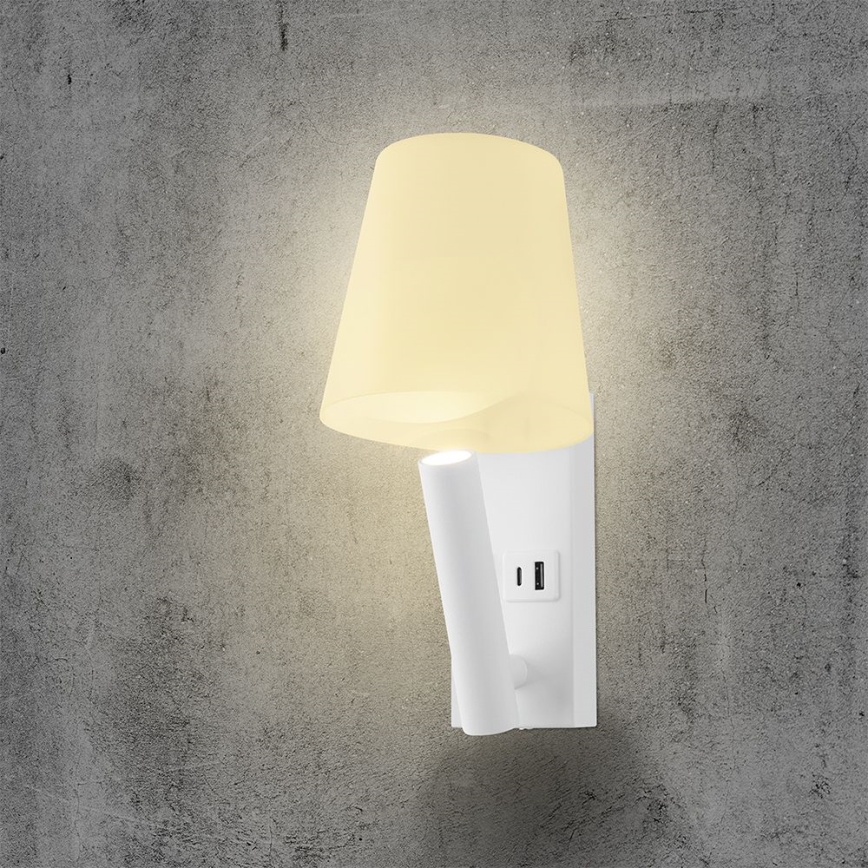 Lampada da parete LED con porta USB, 2 W, 230 V, 3000 K, bianca