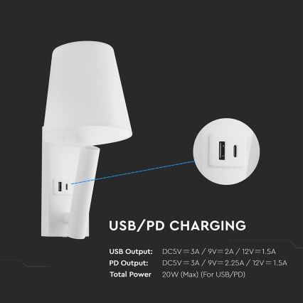 Lampada da parete LED con porta USB, 2 W, 230 V, 3000 K, bianca