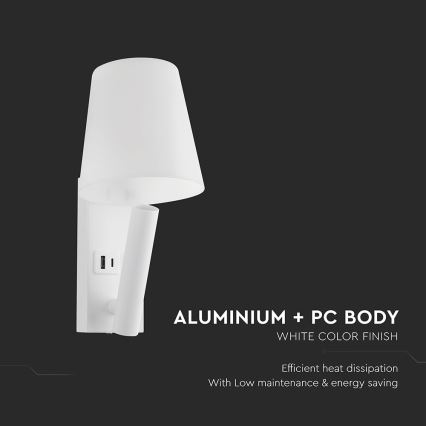 Lampada da parete LED con porta USB, 2 W, 230 V, 3000 K, bianca
