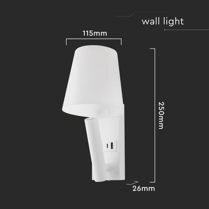 Lampada da parete LED con porta USB, 2 W, 230 V, 3000 K, bianca