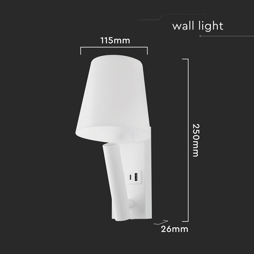 Lampada da parete LED con porta USB, 2 W, 230 V, 3000 K, bianca
