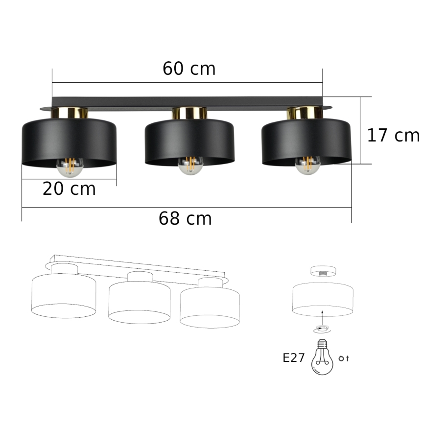 Lampada da soffitto IGNIA 3xE27/60W/230V nero/oro