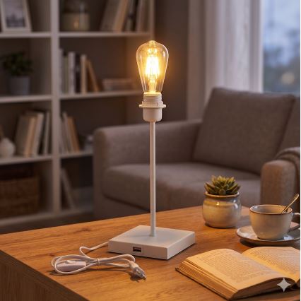 Lampada da tavolo bianca con porta USB, attacco 1x E27, 15W, 230V