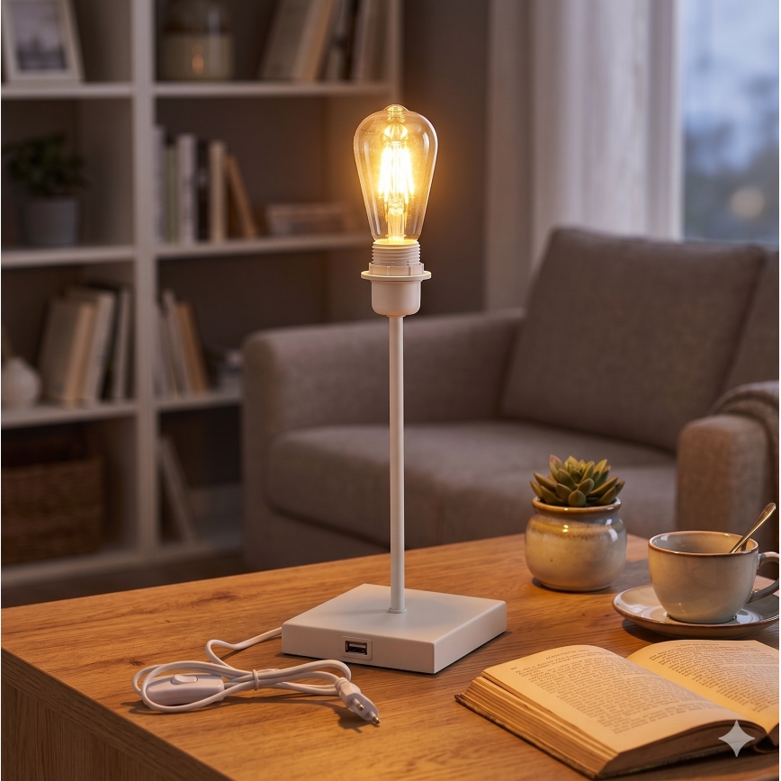 Lampada da tavolo bianca con porta USB, attacco 1x E27, 15W, 230V
