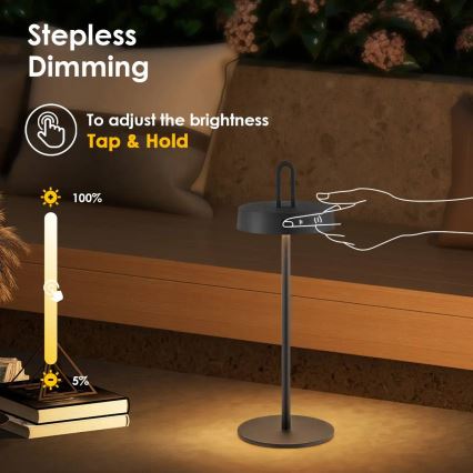 Lampada da tavolo per esterni LED dimmerabile, ricaricabile e a sfioramento SHINE LED/1,5W/3,7V 3000 mAh IP44 nera