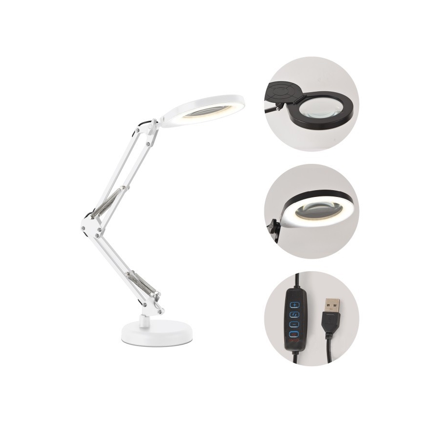 Lampada da tavolo dimmerabile a LED con lente d'ingrandimento 2 in 1 AURIQ LOUPE LED/10W/5V 3000/4000/6500K bianca