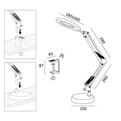 Lampada da tavolo dimmerabile a LED con lente d'ingrandimento 2 in 1 AURIQ LOUPE LED/10W/5V 3000/4000/6500K bianca