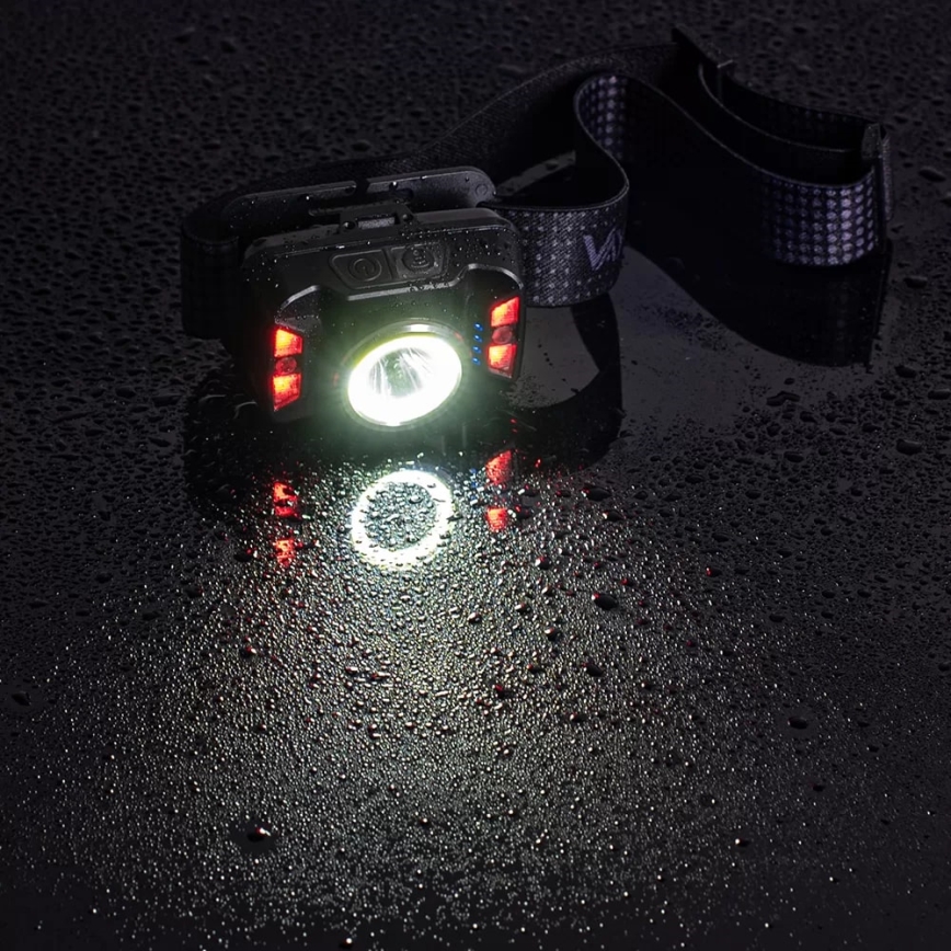 LED Dimmerabile ricaricabile lampada da testa con sensore e luce rossa LED/15W/5V IP66 430 lucente 1800 mAh