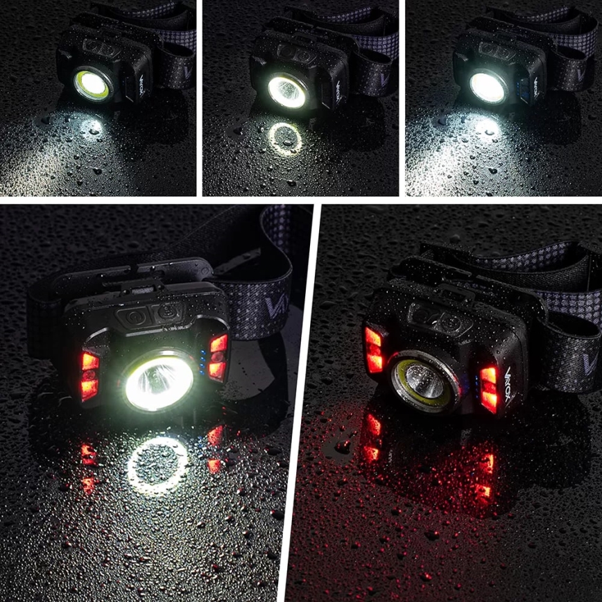 LED Dimmerabile ricaricabile lampada da testa con sensore e luce rossa LED/15W/5V IP66 430 lucente 1800 mAh