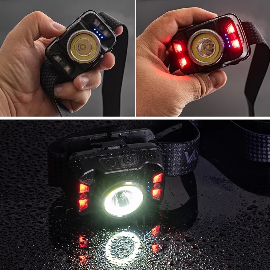 LED Dimmerabile ricaricabile lampada da testa con sensore e luce rossa LED/15W/5V IP66 430 lucente 1800 mAh