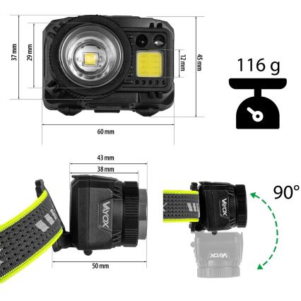 Torcia frontale LED ricaricabile con sensore, luce rossa e intensità luminosa regolabile LED/6W/5V/3xAAA IP66 500 lm 1200 mAh