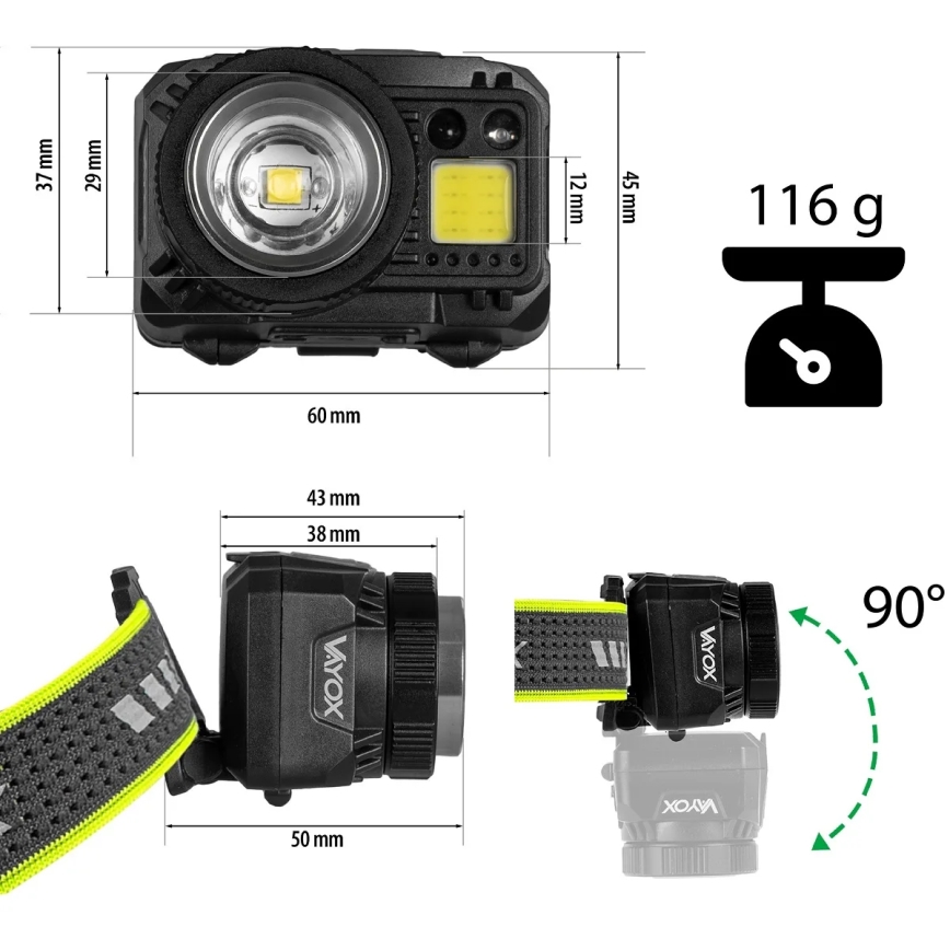 Torcia frontale LED ricaricabile con sensore, luce rossa e intensità luminosa regolabile LED/6W/5V/3xAAA IP66 500 lm 1200 mAh
