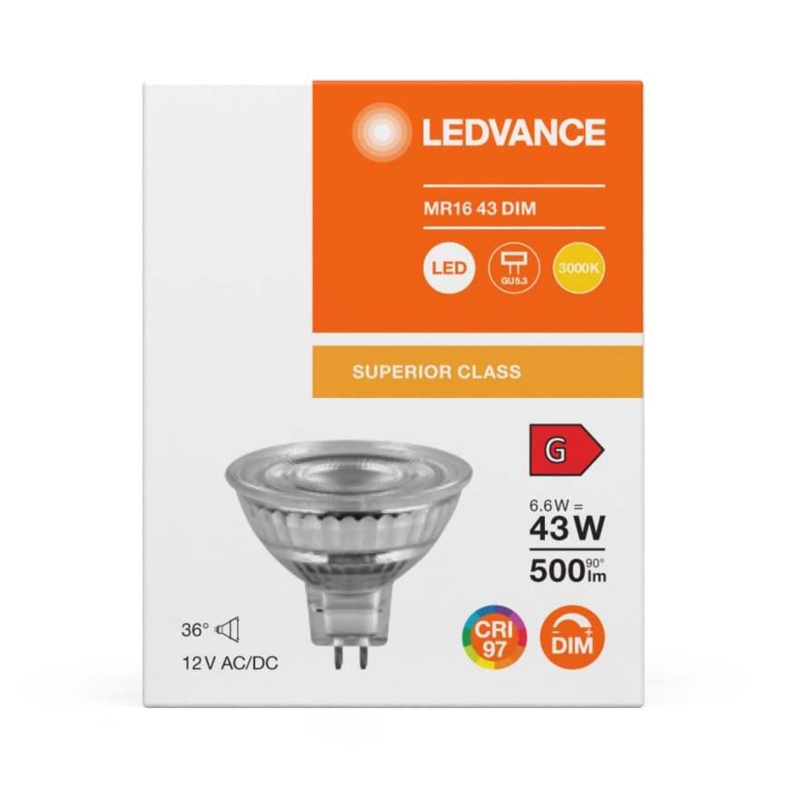 LED Lampadina a riflettore dimmerabile MR16 GU5,3/6,6W/12V 3000K 36° CRI 97 - Ledvance