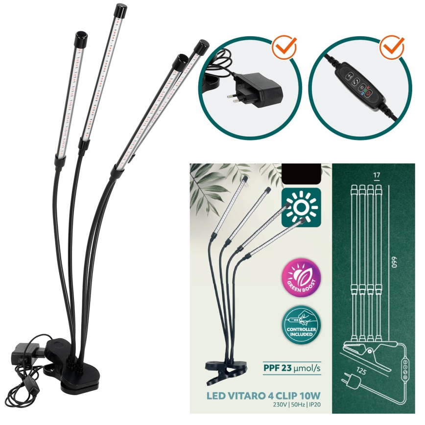 LED Dimmerabile flexible lampada da tavolo con clip per la coltivazione di piante VITARO 4xLED/10W/230V nero