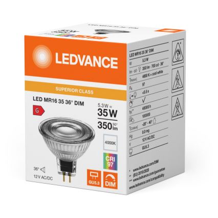 Lampadina LED dimmerabile a riflettore MR16 GU5,3, 5,3W/12V, 4000K, fascio 36°, CRI 97 - Ledvance