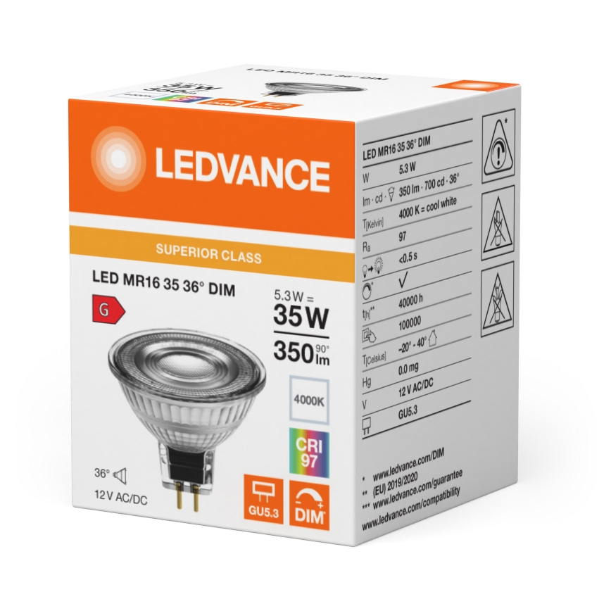 Lampadina LED dimmerabile a riflettore MR16 GU5,3, 5,3W/12V, 4000K, fascio 36°, CRI 97 - Ledvance