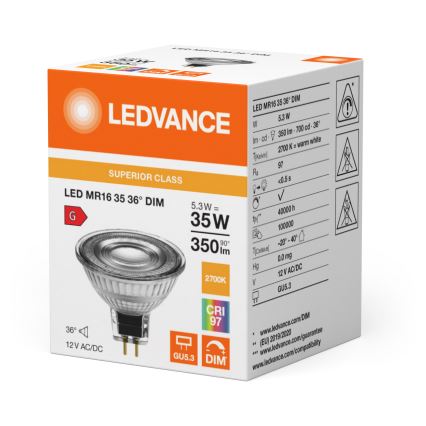 Lampadina LED dimmerabile a riflettore MR16 GU5,3/5,3W/12V 2700K 36° CRI 97 - Ledvance