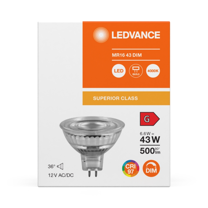 Lampadina LED dimmerabile a riflettore MR16 GU5,3/6,6W/12V 4000K 36° CRI 97 - Ledvance