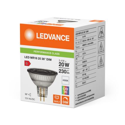 Lampadina LED riflettore dimmerabile MR16 GU5,3/3,4W/12V 4000K 36° CRI 90 - Ledvance