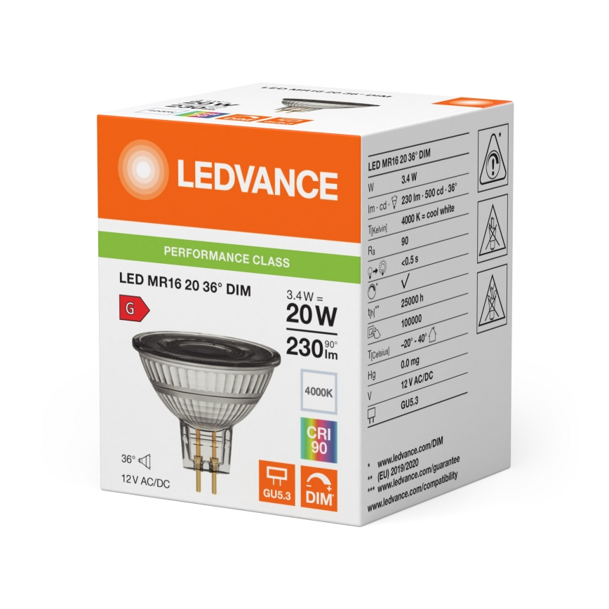 Lampadina LED riflettore dimmerabile MR16 GU5,3/3,4W/12V 4000K 36° CRI 90 - Ledvance