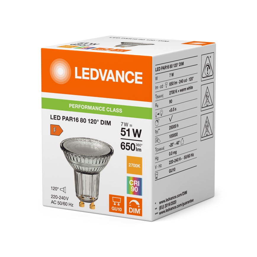 Lampadina LED dimmerabile a riflettore PAR16 GU10/7W/230V 2700K 120° CRI 90 - Ledvance