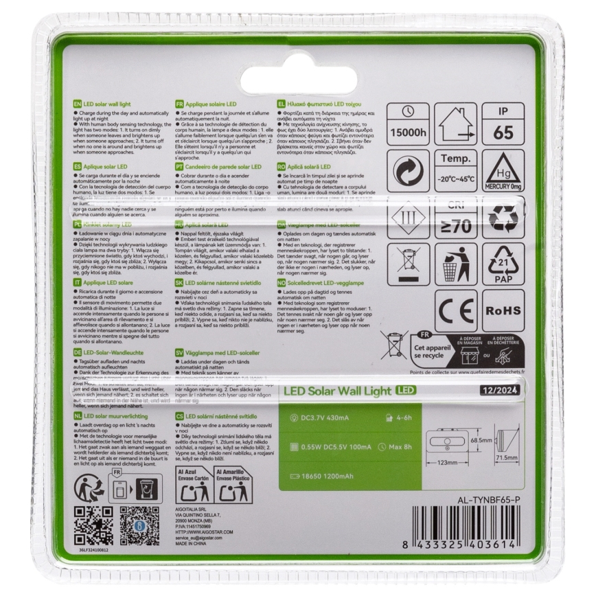 Lampada solare a LED Aigostar con sensore LED/3,7V 6500K 500 mAh IP65 nera