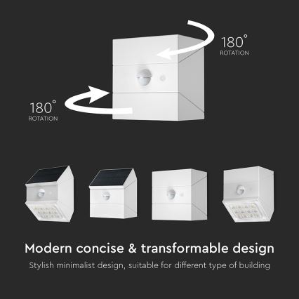 Lampada solare da parete con sensore, LED 2,5W/3,7V, 3000/4000/6000K, IP65, 1200 mAh, bianca