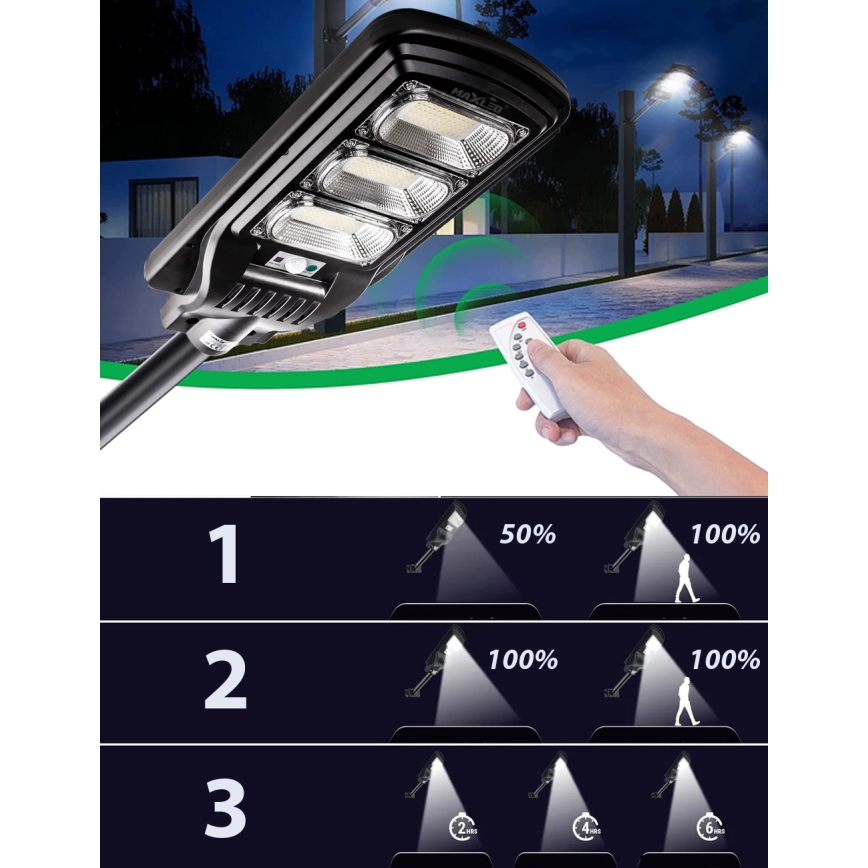 LED Lampione solare dimmerabile con sensore LED/180W/6V 6500K IP65 nero + telecomando