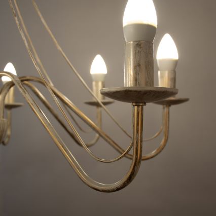 Lampadario a catena MALBO 8xE14/10W/230V bianco/oro/patina