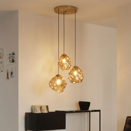Lampadario a cavo CRISTAL 3xE14/15W/230V ottone/beige fumé