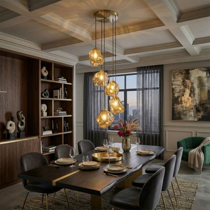 Lampadario a cavo CRISTAL 5xE14/15W/230V ottone/beige fumé