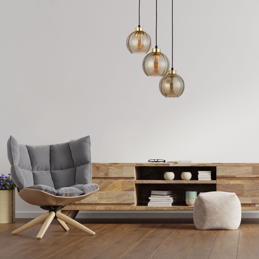 Lampadario a cavo DEVI 3xE27/15W/230V nero/beige fumé