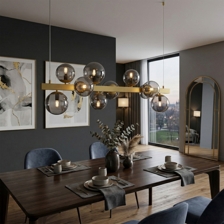 Lampadario a cavo SOLARI 10xE14/15W/230V oro/nero fumé