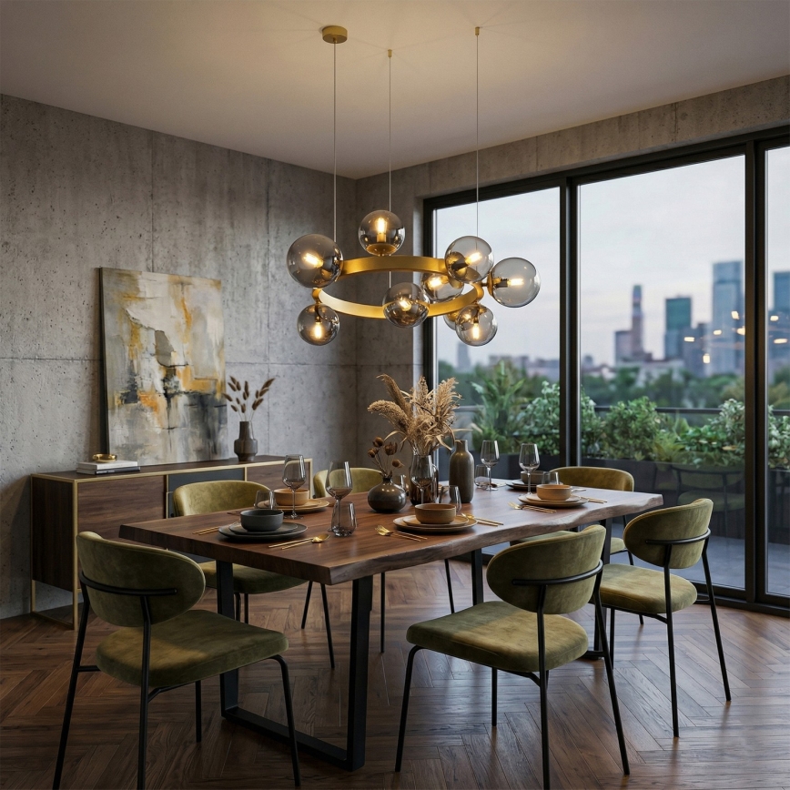 Lampadario a cavo SOLARI 9xE14/15W/230V oro/nero fumé