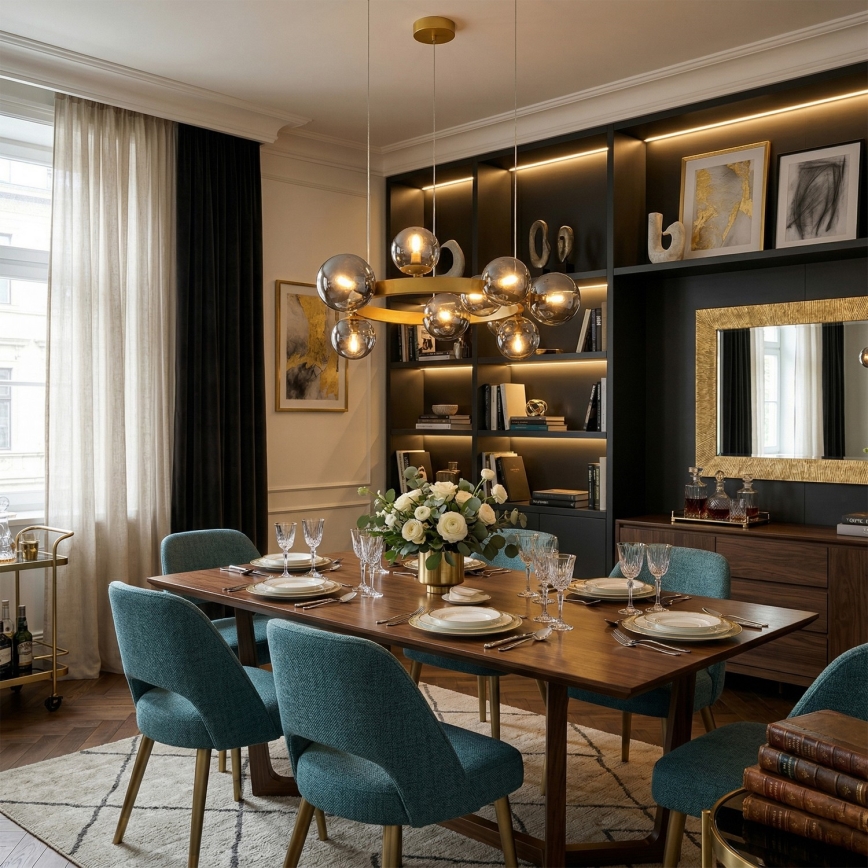 Lampadario a cavo SOLARI 9xE14/15W/230V oro/nero fumé