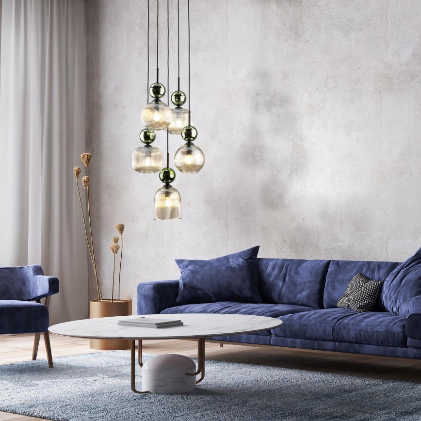 Lampadario a cavo SOPHIA 5xE14/10W/230V nero/verde/beige fumé