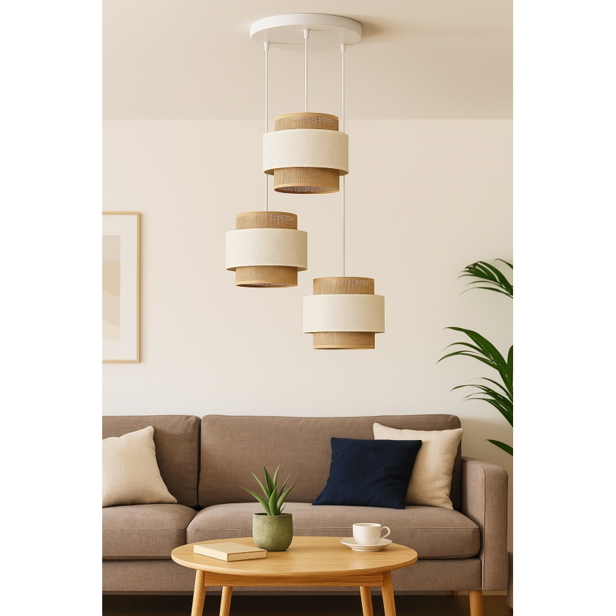 Lampadario a corda BOHO 3xE27/60W/230V crema/iuta