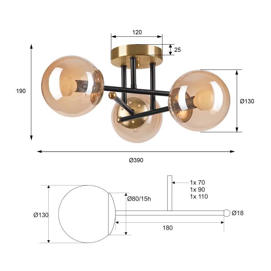 Lampadario a plafone MALENA 3xE14/5W/230V oro/nero/fumé beige
