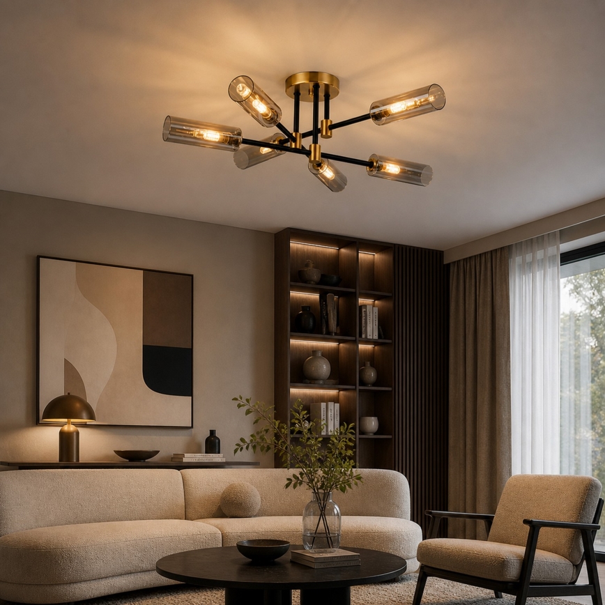 Lampadario a plafone TESSA 6xG9/8W/230V ottone/nero fumé